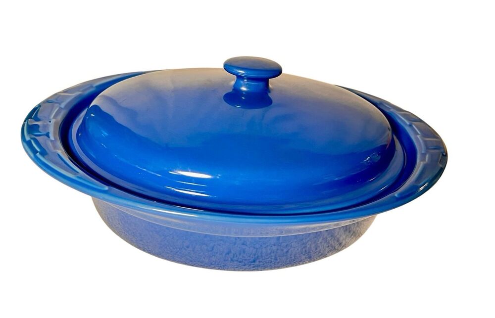Longaberger 3 Quart Oval Pottery Roaster w/ Lid Cornflower Blue Woven Traditions